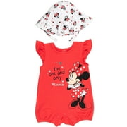 Minnie Mouse Newborn Baby Girls Snap Romper and Bucket Sun Hat Newborn to Infant